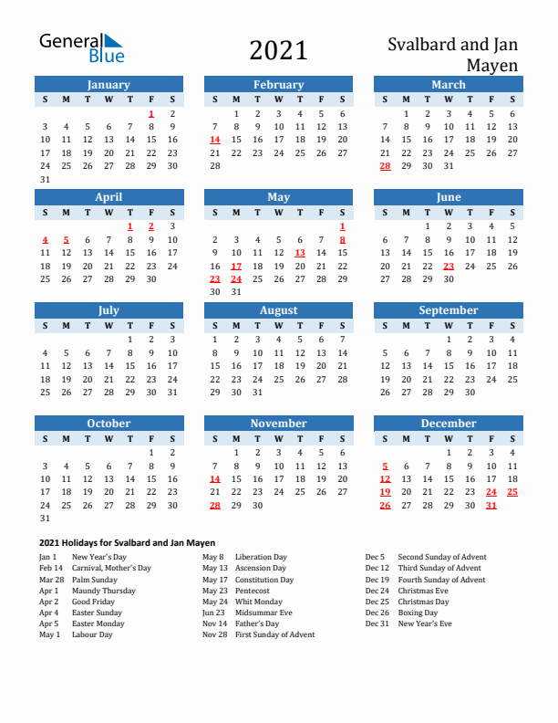 Printable Calendar 2021 with Svalbard and Jan Mayen Holidays (Sunday Start)