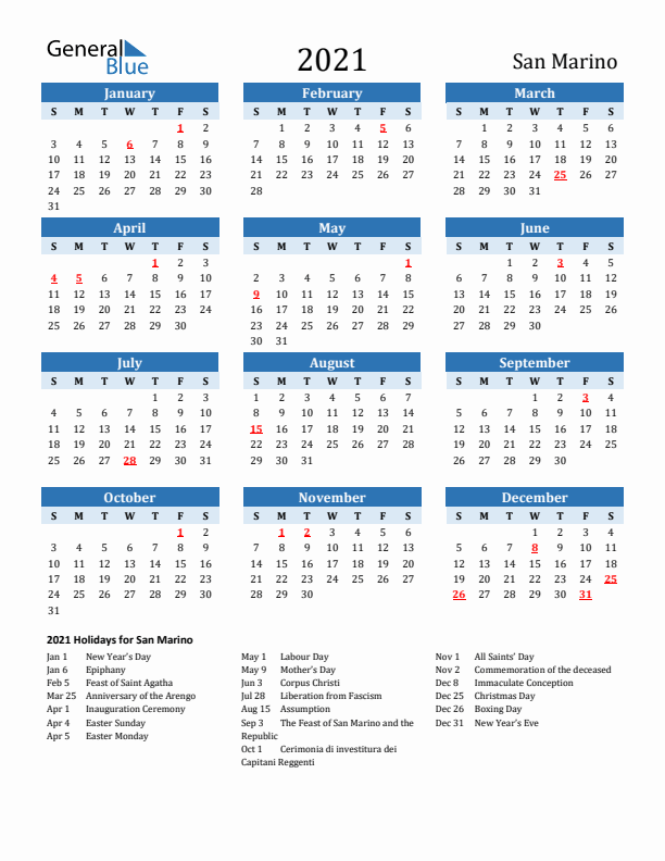 Printable Calendar 2021 with San Marino Holidays (Sunday Start)