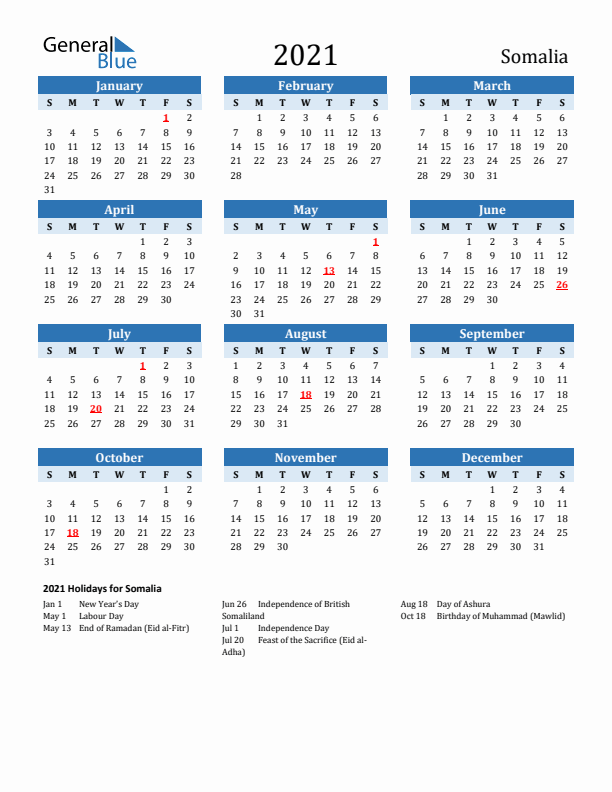 Printable Calendar 2021 with Somalia Holidays (Sunday Start)