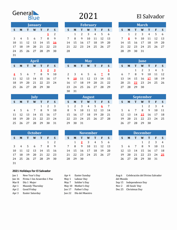 Printable Calendar 2021 with El Salvador Holidays (Sunday Start)