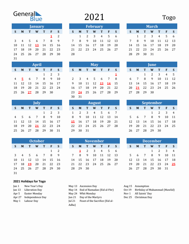 Printable Calendar 2021 with Togo Holidays (Sunday Start)
