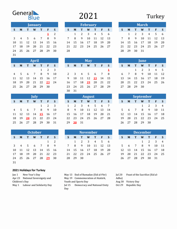 Printable Calendar 2021 with Turkey Holidays (Sunday Start)