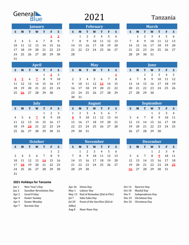 Printable Calendar 2021 with Tanzania Holidays (Sunday Start)