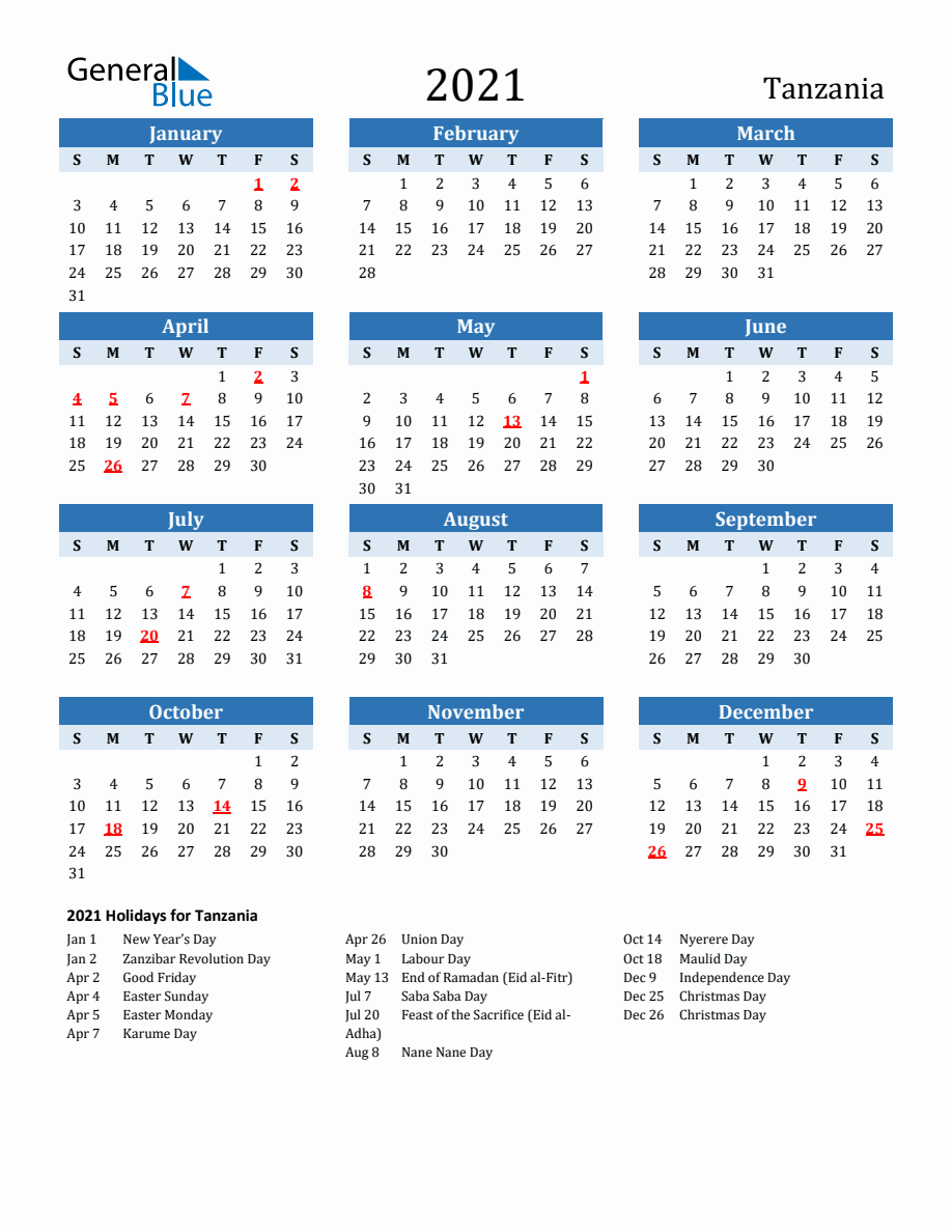 2021 Printable Calendar with Tanzania Holidays