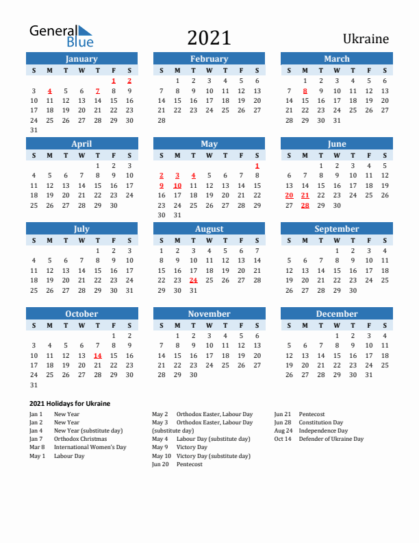 Printable Calendar 2021 with Ukraine Holidays (Sunday Start)