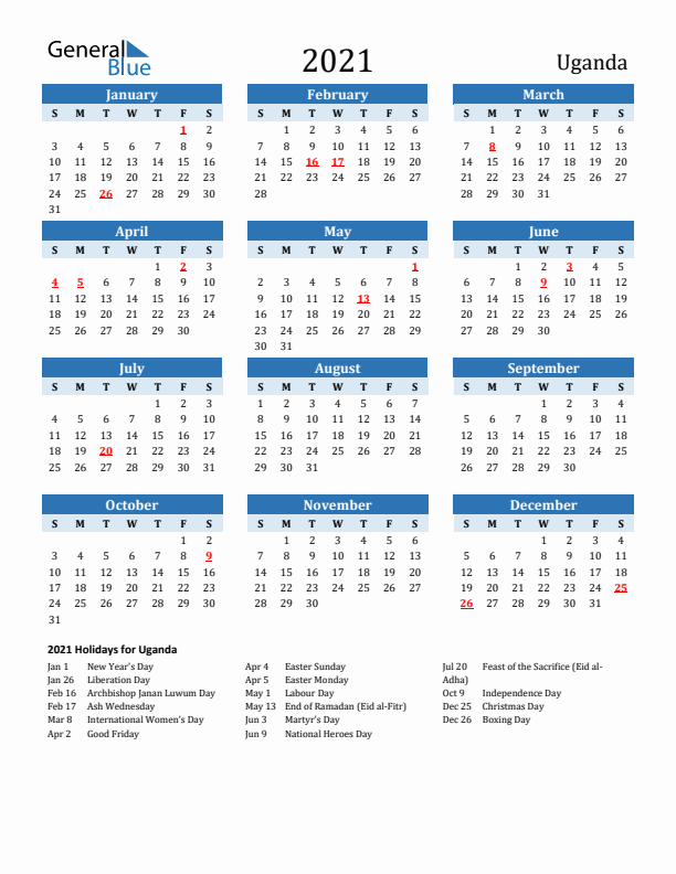 Printable Calendar 2021 with Uganda Holidays (Sunday Start)