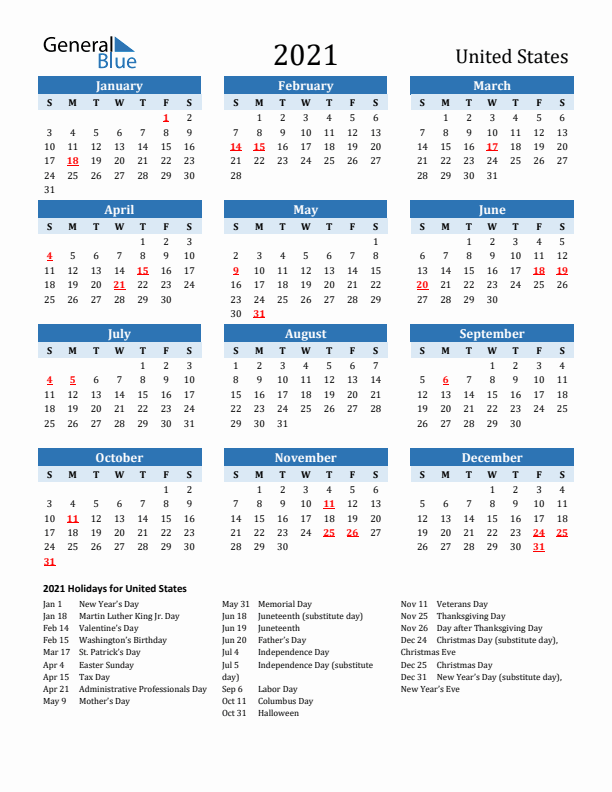 Printable Calendar 2021 with United States Holidays (Sunday Start)