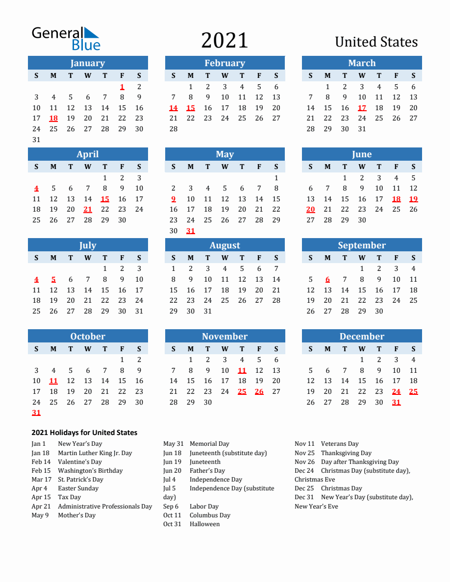 2021 Printable Calendar With United States Holidays