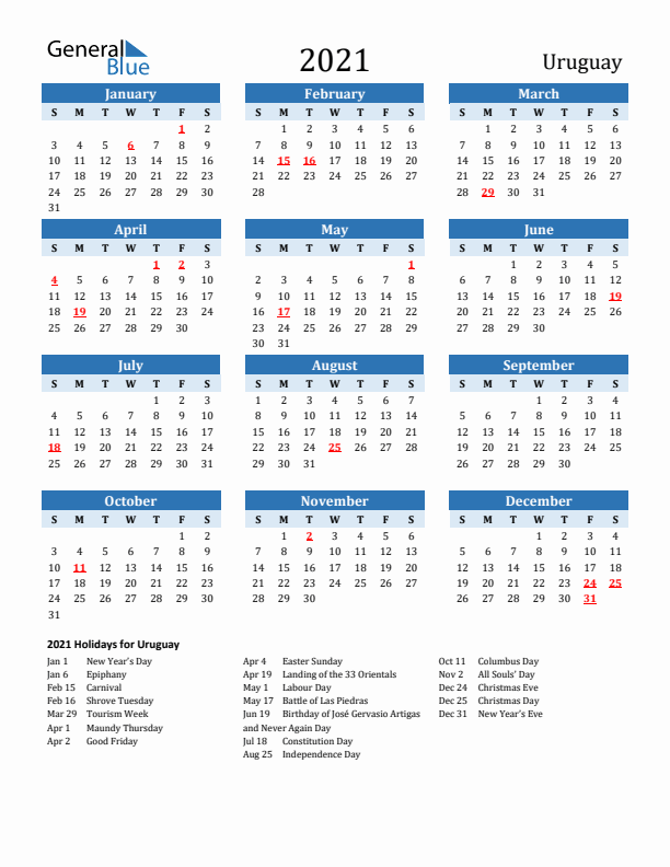 Printable Calendar 2021 with Uruguay Holidays (Sunday Start)