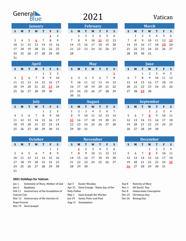 Printable Calendar 2021 with Vatican Holidays (Sunday Start)