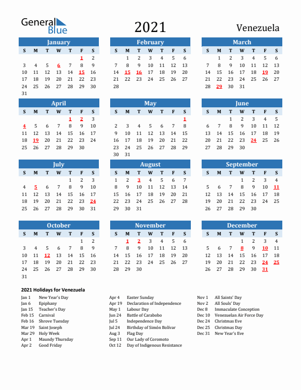 Printable Calendar 2021 with Venezuela Holidays (Sunday Start)