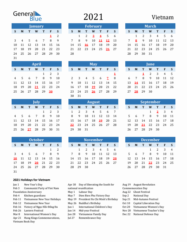 Printable Calendar 2021 with Vietnam Holidays (Sunday Start)