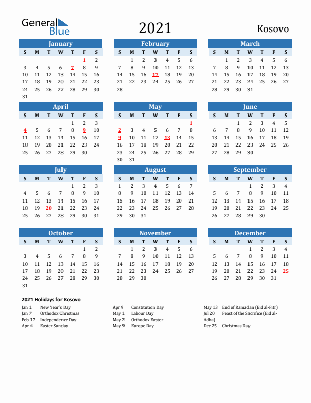 Printable Calendar 2021 with Kosovo Holidays (Sunday Start)
