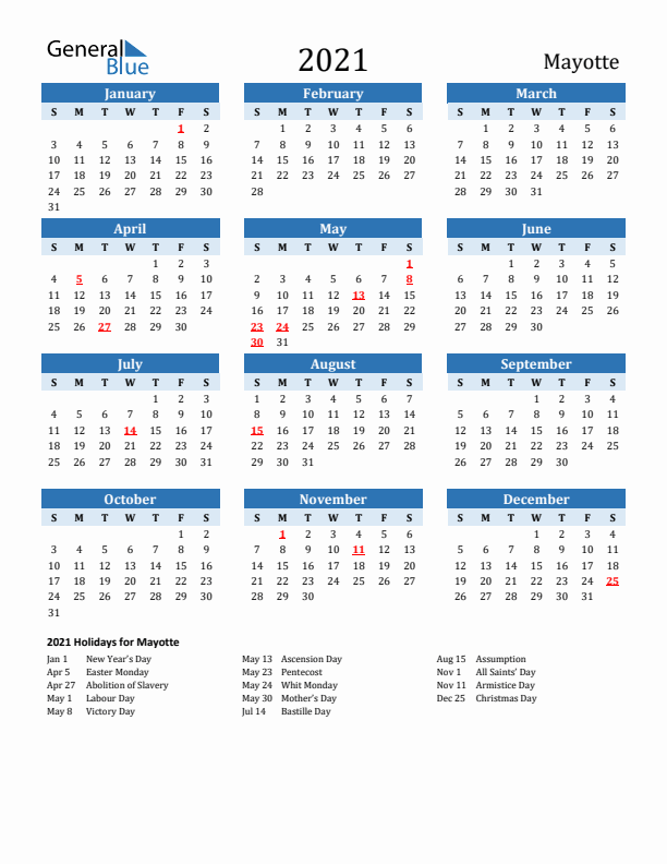 Printable Calendar 2021 with Mayotte Holidays (Sunday Start)