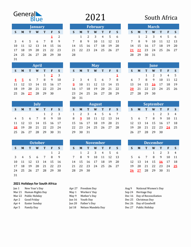 Printable Calendar 2021 with South Africa Holidays (Sunday Start)