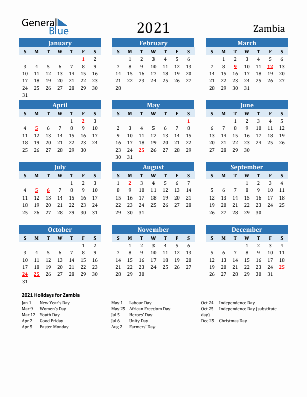 Printable Calendar 2021 with Zambia Holidays (Sunday Start)
