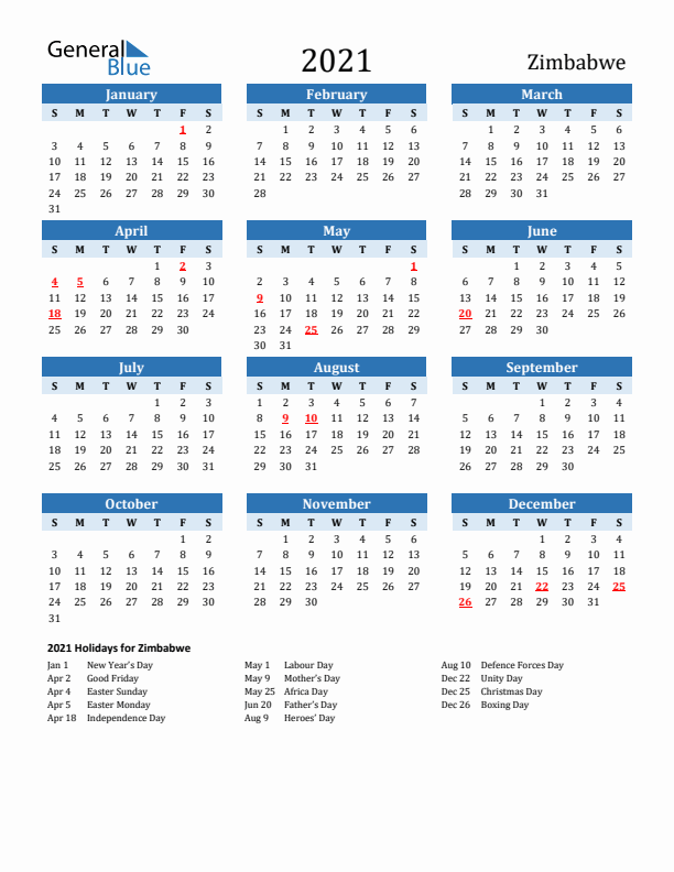 Printable Calendar 2021 with Zimbabwe Holidays (Sunday Start)