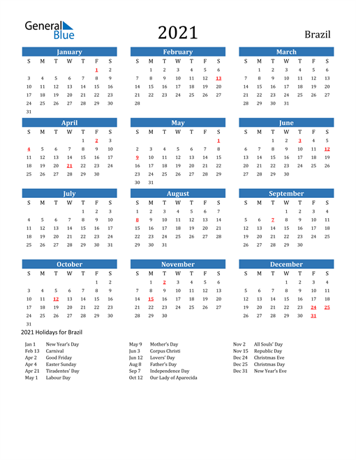 2021 Brazil Calendar with Holidays