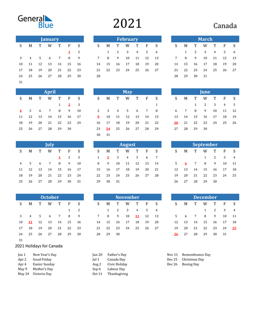 2021 Calendar Canada With Holidays
