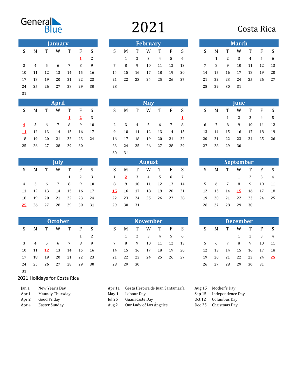 2021 Costa Rica Calendar With Holidays