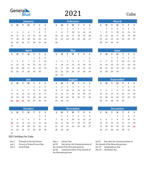 Cuba 2021 Calendar with Holidays