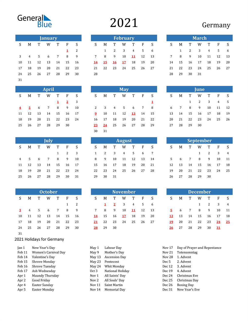 2021 Germany Calendar With Holidays