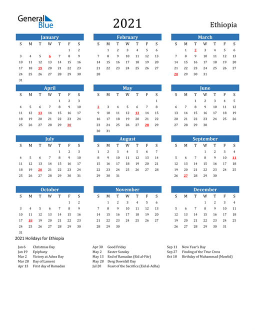 Ethiopian Calendar 2021 2021 Calendar   Ethiopia with Holidays