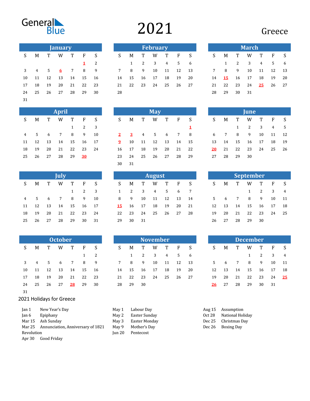 2021 Greece Calendar with Holidays