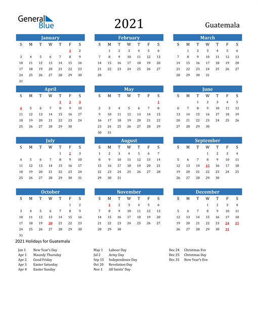 Guatemala 2021 Calendar with Holidays
