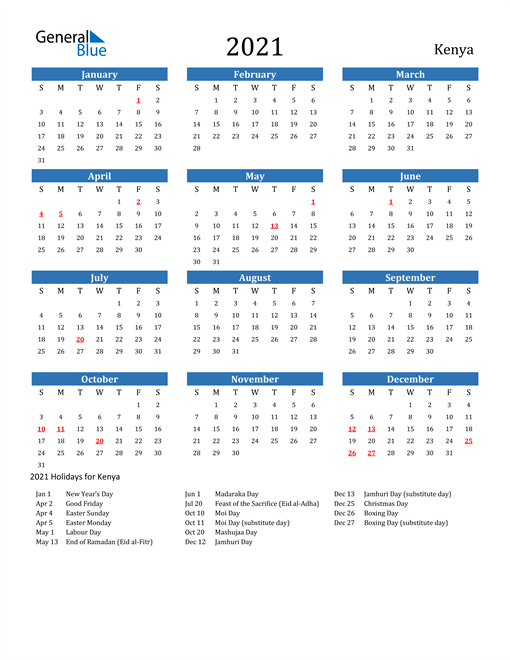 2021 Kenya Calendar With Holidays