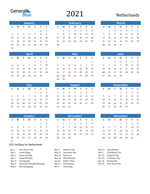 Free Printable Calendar in PDF, Word and Excel Netherlands