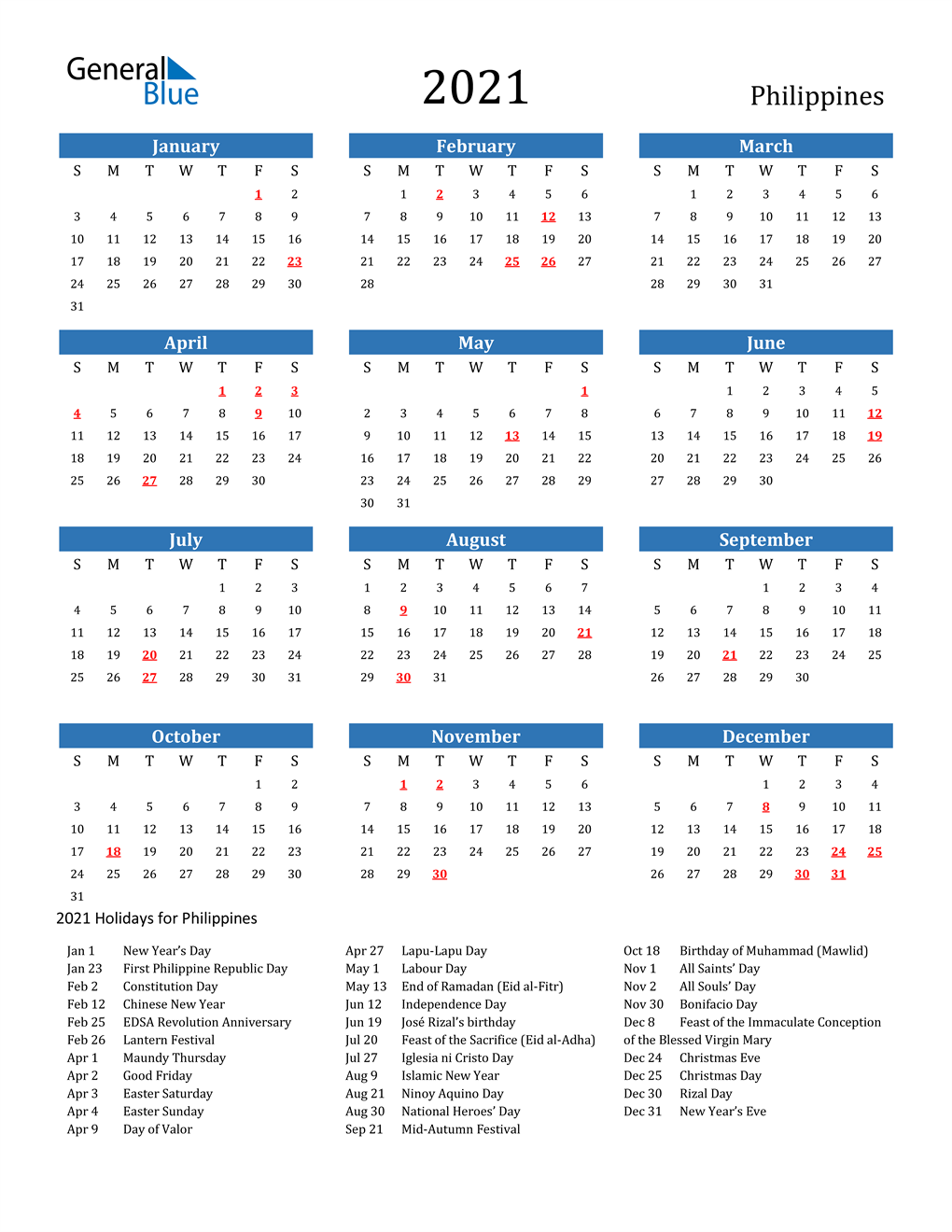 2021 Philippines Calendar With Holidays