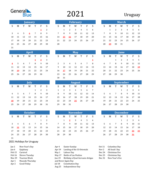 2021 Calendar - Uruguay with Holidays
