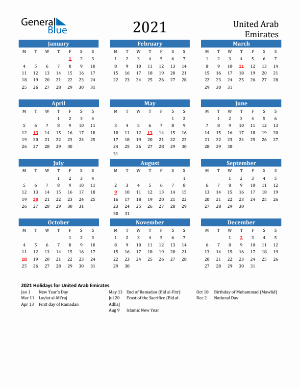 United Arab Emirates 2021 Calendar with Holidays