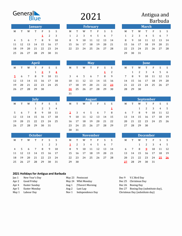 Antigua and Barbuda 2021 Calendar with Holidays
