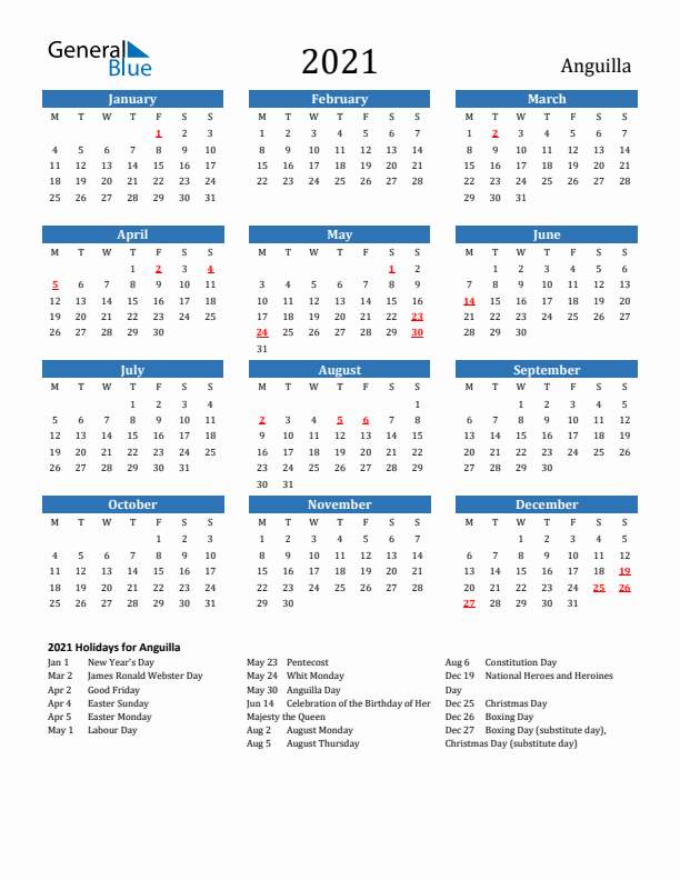Anguilla 2021 Calendar with Holidays