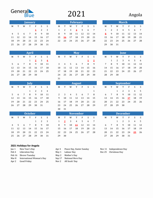 Angola 2021 Calendar with Holidays