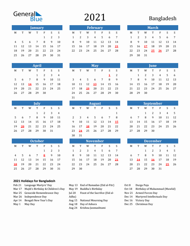 Bangladesh 2021 Calendar with Holidays