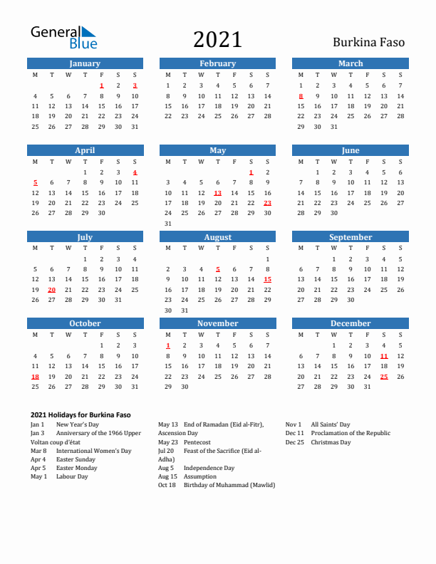 Burkina Faso 2021 Calendar with Holidays