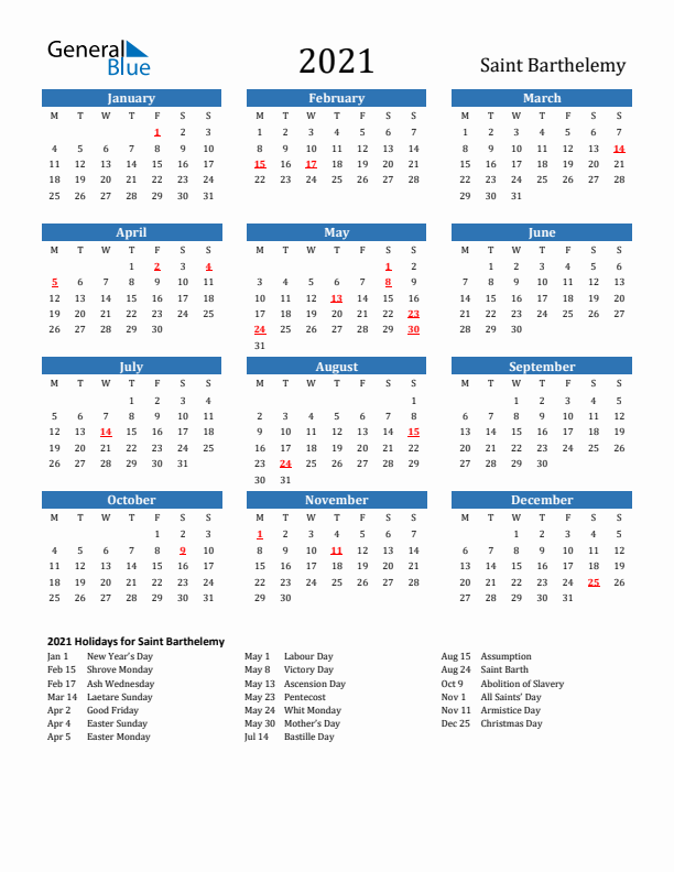 Saint Barthelemy 2021 Calendar with Holidays