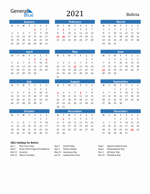Bolivia 2021 Calendar with Holidays