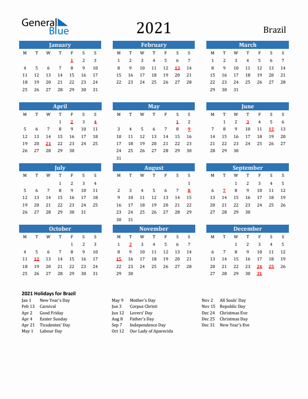 Brazil 2021 Calendar with Holidays