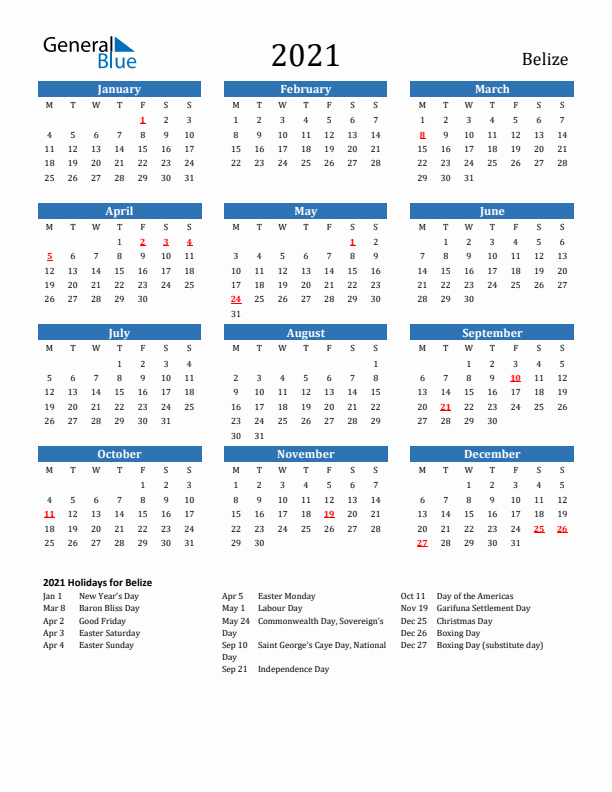 Belize 2021 Calendar with Holidays