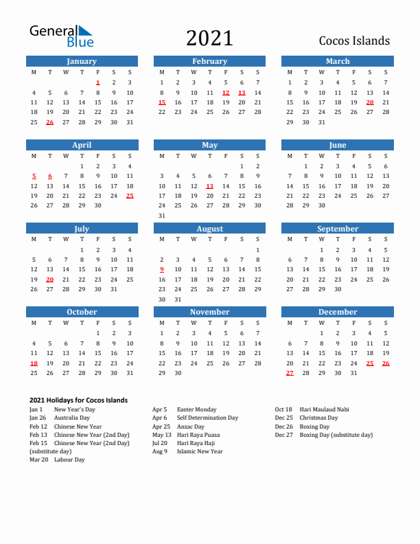 Cocos Islands 2021 Calendar with Holidays