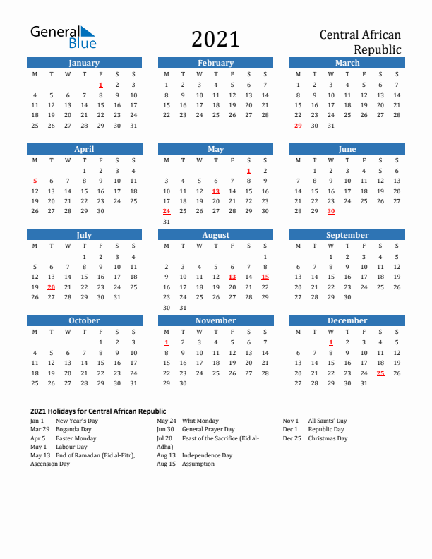 Central African Republic 2021 Calendar with Holidays