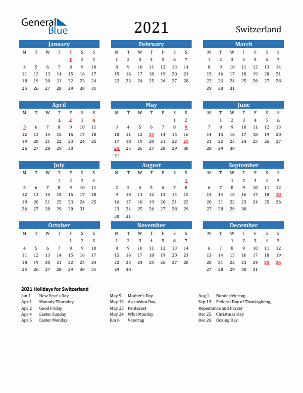 Switzerland 2021 Calendar with Holidays