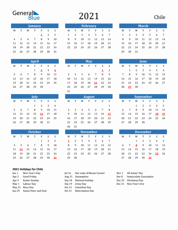 Chile 2021 Calendar with Holidays