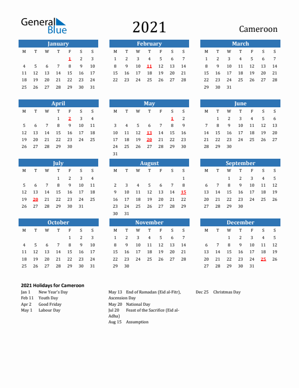 Cameroon 2021 Calendar with Holidays