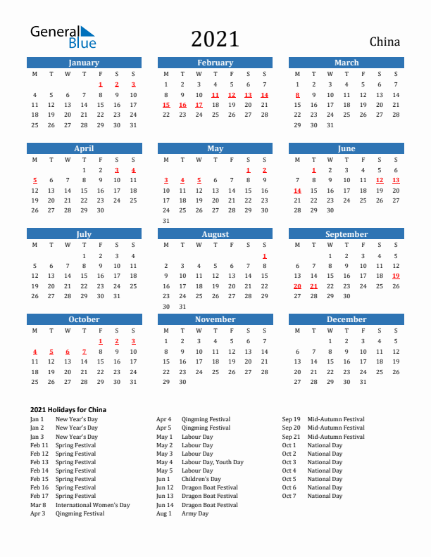 China 2021 Calendar with Holidays