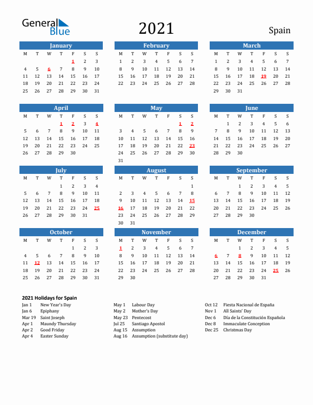 Spain 2021 Calendar with Holidays